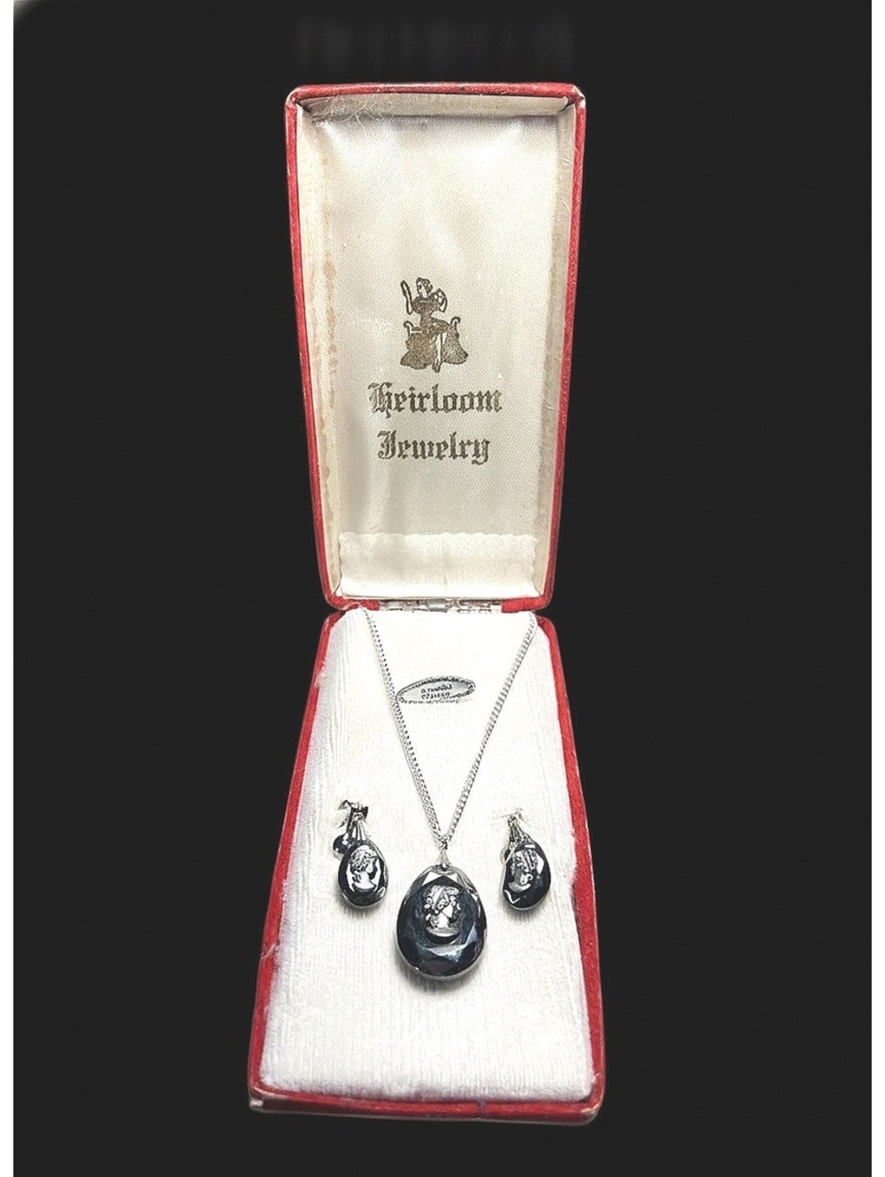 Vintage Black Intaglio Cameo Necklace And Clip Earrings Set Germany Box